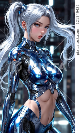 穿著藍色機器人套裝的迷人美女 121549422