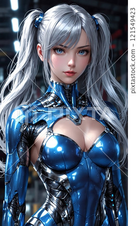 穿著藍色機器人套裝的迷人美女 121549423