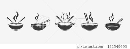 Hot Soup Bowl Icons with Steam, Chopsticks, Wok, Hotpot. Soup, Bowls, Chopsticks, Wok, Hotpot Monochrome Vector Illustration. Design Template for Asian Food Logo, Menu. Noodles, Ramen and Soup Designs 121549693