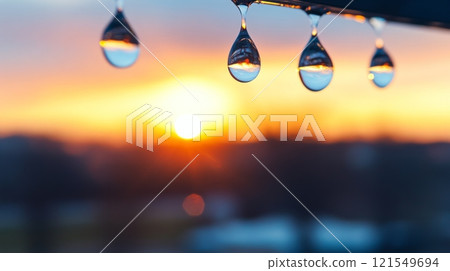 Water Droplets Reflecting Sunset  121549694