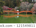 紅色的橋反射在池塘的表面 121549811