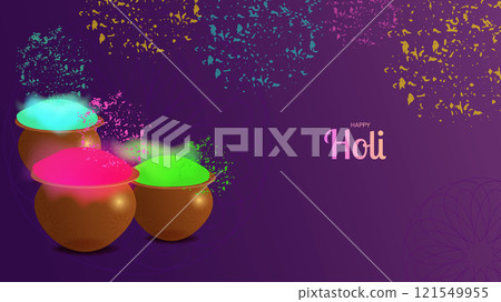 Holi festival happy India carnival of colors. Splashes of paint and pots. Banner Design Flyer postcards. Vector illustration... Holi festival happy India carnival of colors. Splashes of paint and pots. Banner Design Flyer postcards. Vector illustration... 121549955