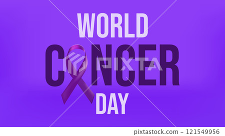 World Cancer Day. February 4th. Raising awareness. Purple ribbon symbol fight against cancer banner. Solidarity and united efforts in fight against cancer. Vector illustration. World Cancer Day. February 4th. Raising awareness. Purple ribbon symbol fight against cancer banner. Solidarity and united efforts in fight against cancer. Vector illustration. 121549956