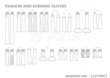 Set of Gloves - Fashion and Evening with names hand accessory clothing technical illustration garment. Vector for Men 121549971
