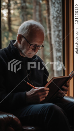 Senior man reflecting and writing memoirs in a cozy interior with natural light 121550120
