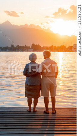 Elderly couple shares a romantic moment at sunset on a wooden dock by the water 121550121