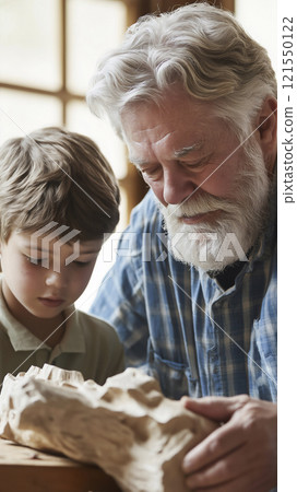 Grandfather teaches grandson wood carving skills in a warm, cozy workshop full of tools 121550122