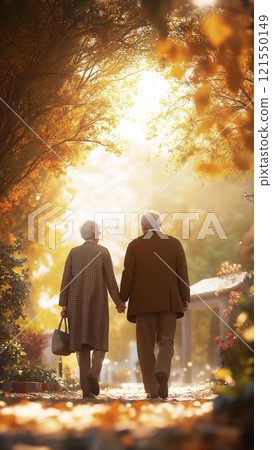 Senior couple enjoys a leisurely stroll through a vibrant city park during autumn 121550149
