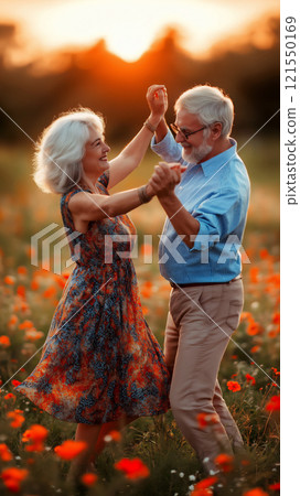 Senior couple enjoys dancing together in a flower-filled meadow during golden hour 121550169