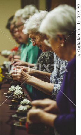 Seniors joyfully decorate cupcakes at community event for holiday celebration 121550170