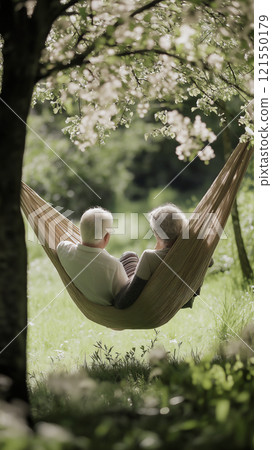 Senior couple enjoys relaxation in hammock beneath a shady tree 121550179