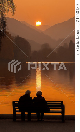 Elderly couple sharing stories while watching the sunset over a calm lake 121550189