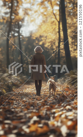 Elderly woman enjoys a peaceful walk with her dog on a leafy trail during autumn 121550196