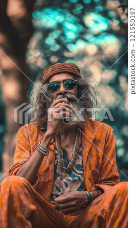 Senior man enjoying the sunshine while playing a harmonica in a serene outdoor setting 121550197