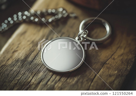 Simple keychain mockup displayed on wooden table with ample copy space for customization 121550264