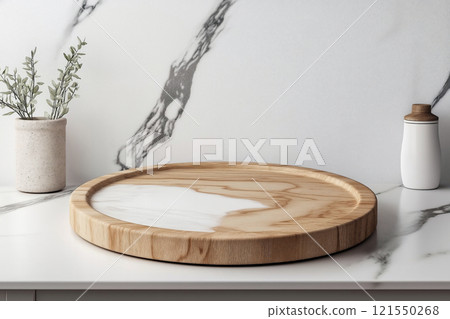 Minimalist serving platter on a stylish kitchen counter with elegant marble background 121550268