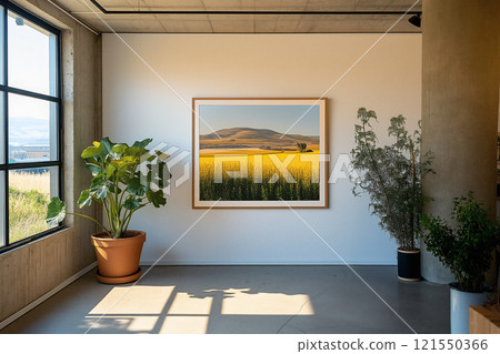 Framed landscape artwork displayed in a well-lit gallery setting with plants 121550366