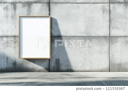 Blank poster frame mockup leaning against a textured concrete wall. Generative AI 121550367
