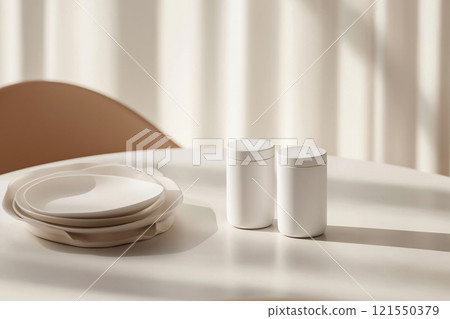 Minimalist salt and pepper shaker set on a contemporary dining table with natural light 121550379