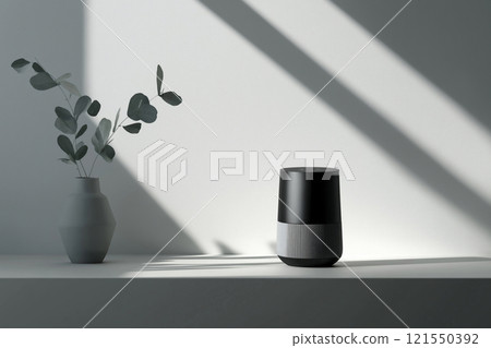 Smart speaker mockup on a minimalist shelf with elegant decor and soft lighting Smart speaker mockup on a minimalist shelf with elegant decor and soft lighting 121550392