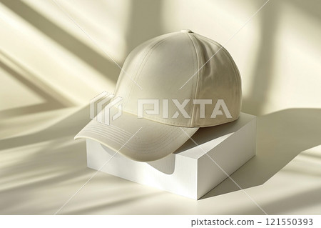 Plain cap mockup displayed on a white wooden stand with ample copy space Plain cap mockup displayed on a white wooden stand with ample copy space 121550393