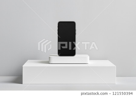 Photorealistic smartphone mockup on white charging dock with ample copy space available Photorealistic smartphone mockup on white charging dock with ample copy space available 121550394