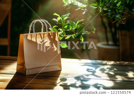Blank shopping bag on a sunlit counter with greenery in a warm and inviting setting 121550574