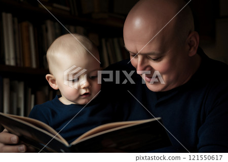 Grandfather shares a magical bedtime story with his young grandson at home. Generative AI Grandfather shares a magical bedtime story with his young grandson at home. Generative AI 121550617