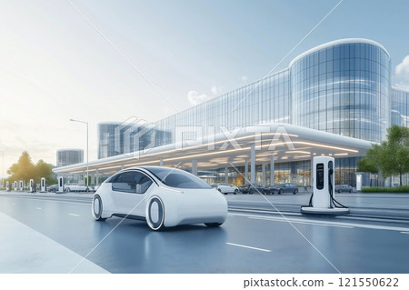 Modern airport with electric vehicle charging stations and green energy systems. Generative AI 121550622
