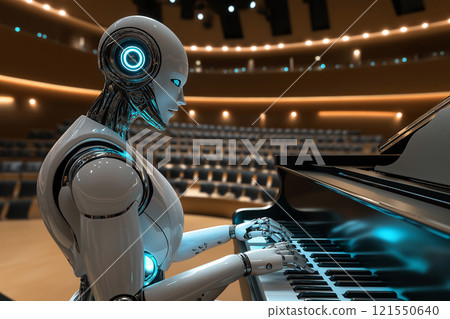 Humanoid robot performs piano solo in a modern concert hall setting. Generative AI Humanoid robot performs piano solo in a modern concert hall setting. Generative AI 121550640
