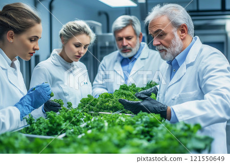 Diverse scientists collaborating on eco-innovation in a research hub. Generative AI 121550649