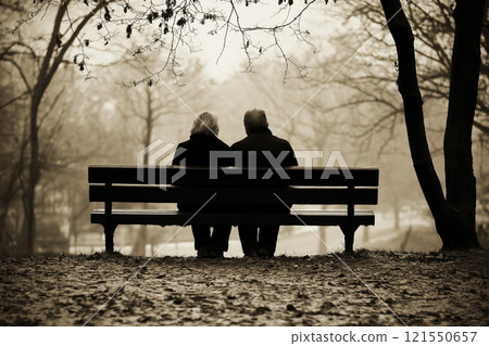 Senior couple enjoys a quiet moment together on a park bench in autumn. Generative AI 121550657