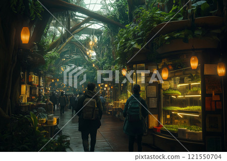 Futuristic vertical farm thriving within an urban metropolis. Generative AI 121550704