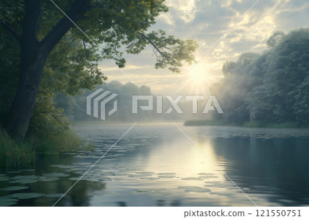 Serene nature reserve showcasing advanced conservation technologies at dawn. Generative AI Serene nature reserve showcasing advanced conservation technologies at dawn. Generative AI 121550751