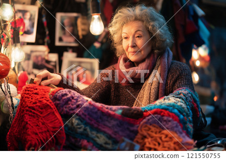 Senior woman crafts a colorful blanket while reminiscing in a cozy setting. Generative AI 121550755