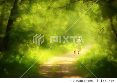 Elderly woman enjoys a peaceful walk with her dog on a leafy nature trail. Generative AI 121550756
