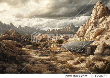 Solar farm integrates into serene desert landscape under cloudy sky. Generative AI 121550765