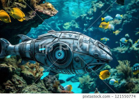 Robotic fish seamlessly blends with colorful aquatic life in a large aquarium. Generative AI 121550774