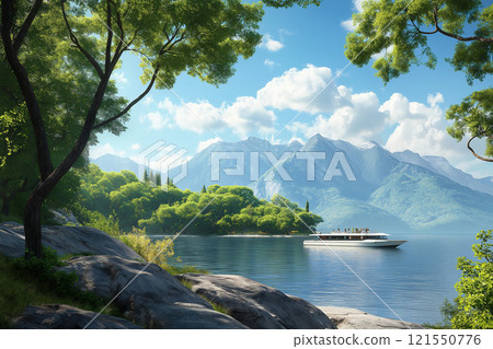 Electric ferry carries passengers across a clear lake surrounded by mountains. Generative AI 121550776