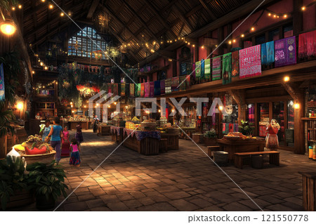 Colorful farmer's market showcasing sustainable and organic products at sunset. Generative AI 121550778