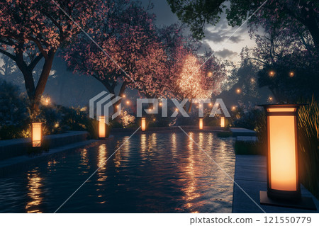 Tranquil evening at a lake illuminated by solar lanterns among blooming trees. Generative AI 121550779