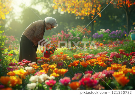 Elderly woman tending to a vibrant flower garden during a sunny afternoon. Generative AI 121550782