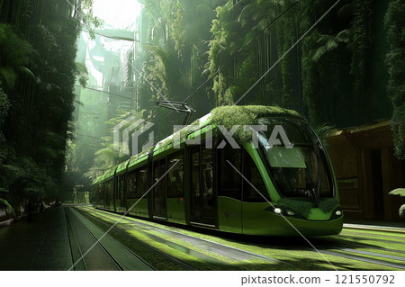 Electric tram glides through a lush, green city center during daylight. Generative AI 121550792