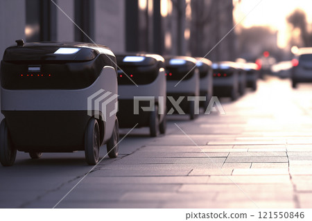 Autonomous delivery robots navigating urban sidewalks during sunset. Generative AI 121550846