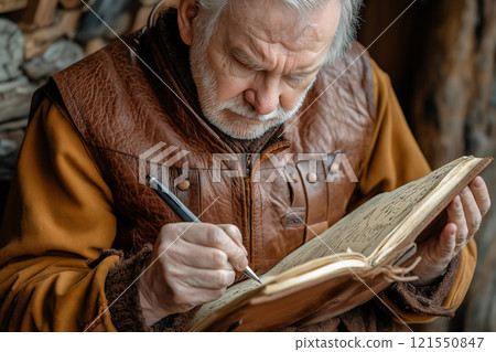 Senior man writes memoirs in a cozy setting with leather-bound journal. Generative AI 121550847