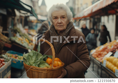 Senior woman enjoys fresh produce at a bustling farmers market. Generative AI Senior woman enjoys fresh produce at a bustling farmers market. Generative AI 121550870