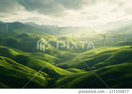 Modern wind farm nestled in lush green valley with towering turbines. Generative AI 121550877