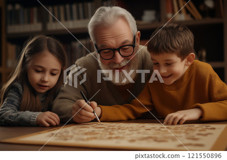 Senior man engages children with storytelling at local library event. Generative AI 121550896