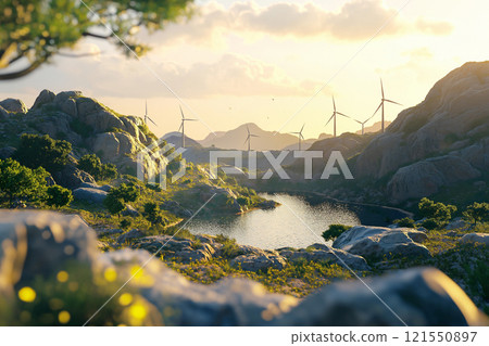 Serene lake setting with wind turbines amidst native plants at golden hour. Generative AI 121550897