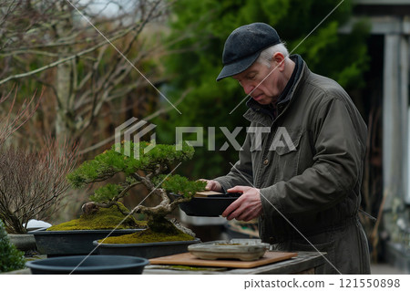 Senior man caring for bonsai trees in a serene garden setting. Generative AI 121550898